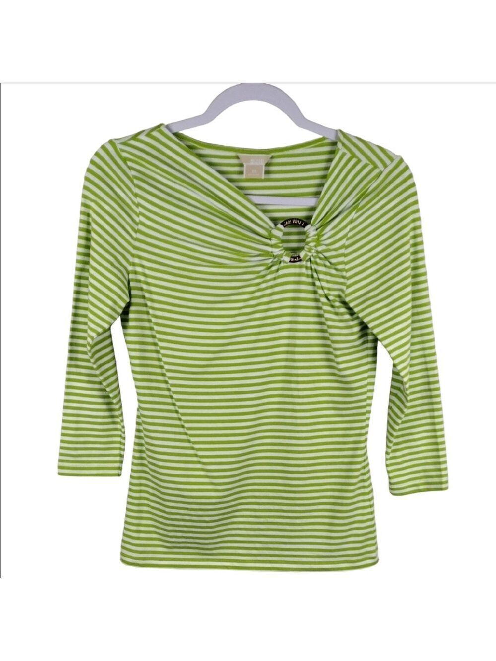 MICHAEL Michael Kors Green White Striped Asymmetrical Neckline Long Sleeve Top